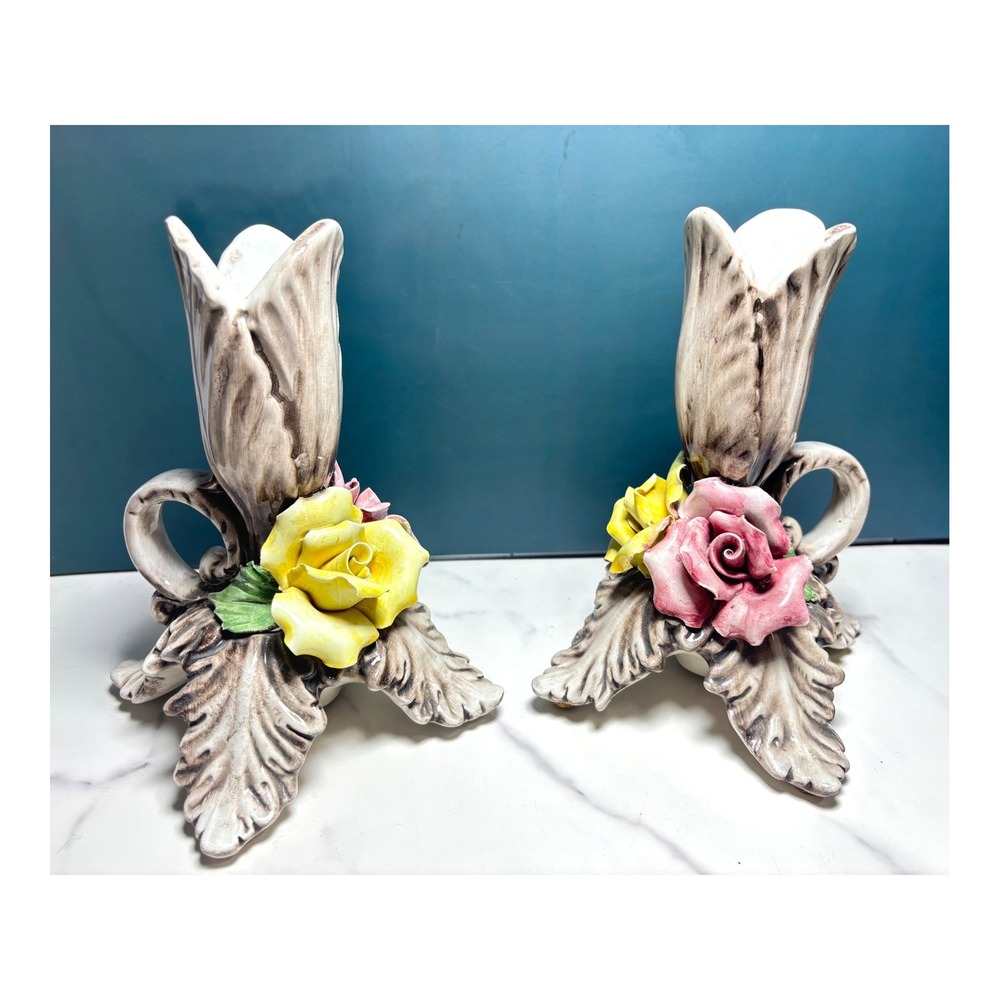 Vintage Capodimonte Italy Ceramic Floral Candlestick Holders Pair 7"